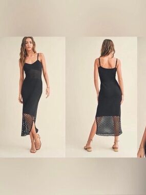 House of Harlow 1960 Black Spaghetti-Strap Midi Dress with Mesh Hem Panel